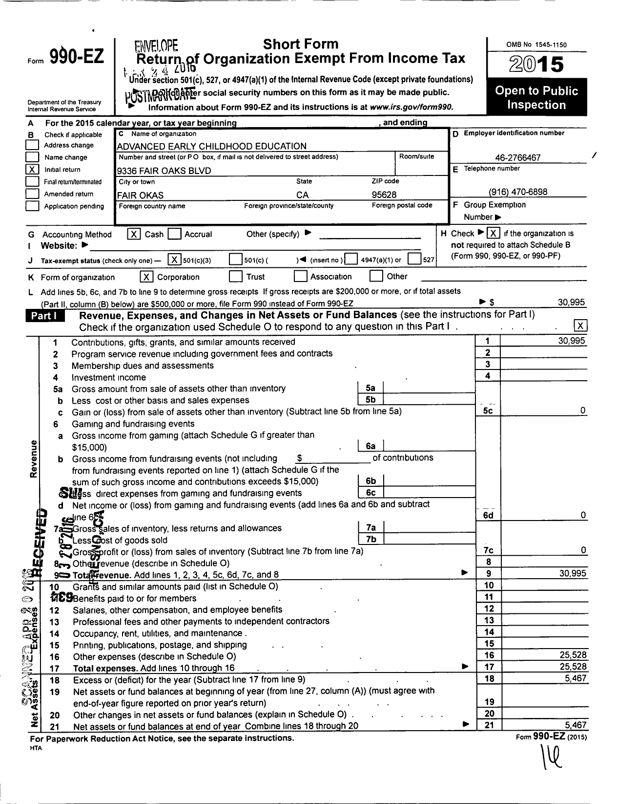 Image of first page of 2015 Form 990EZ for Advanced Early Childhood Education