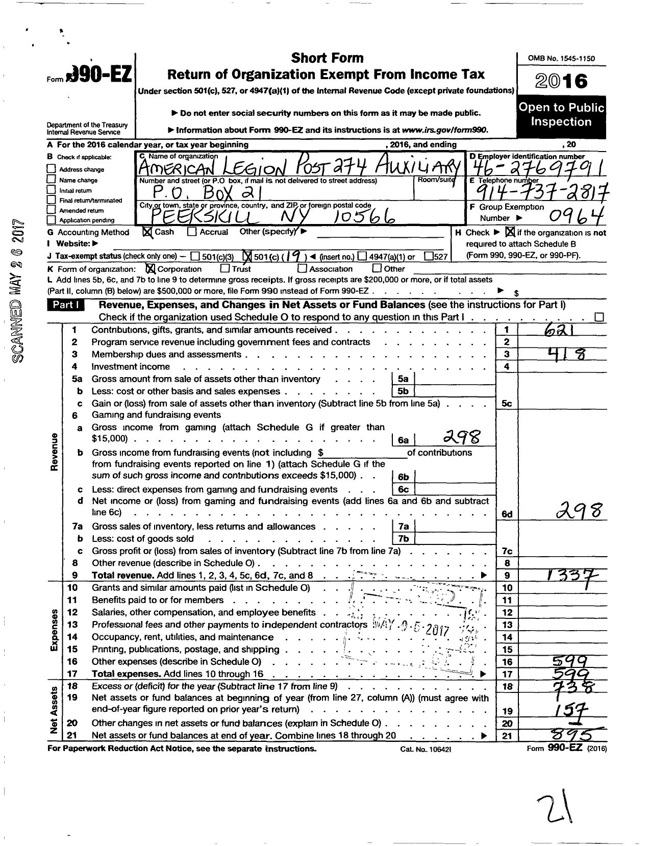 Image of first page of 2016 Form 990EO for American Legion Auxiliary - 274 Post