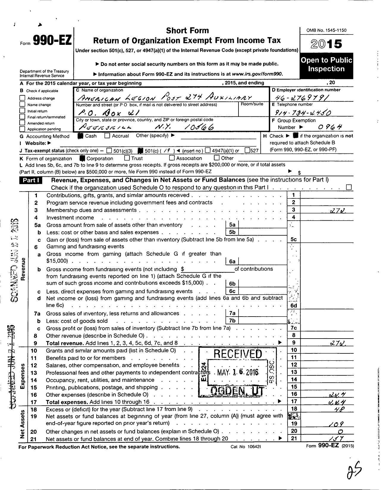 Image of first page of 2015 Form 990EO for American Legion Auxiliary - 274 Post