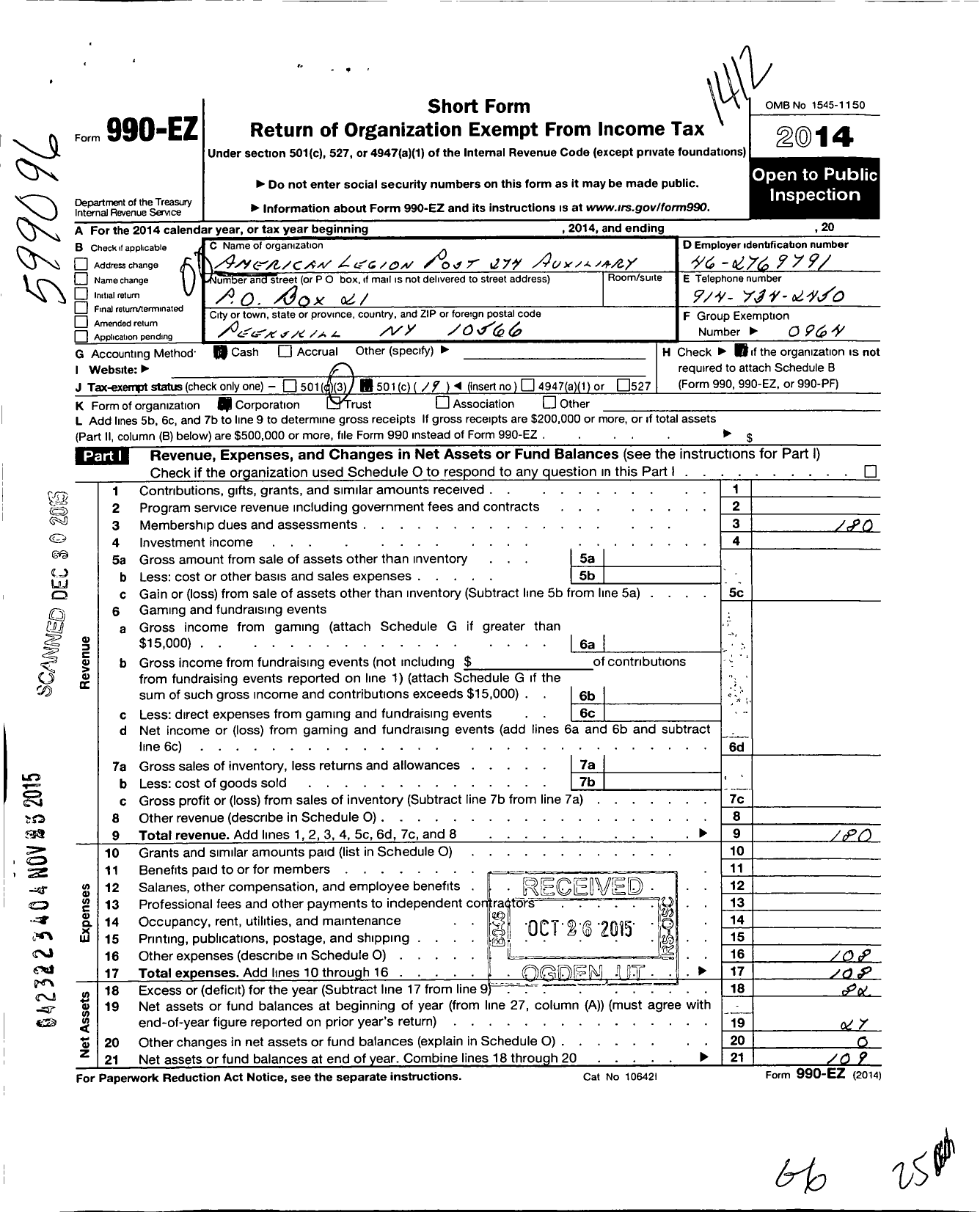 Image of first page of 2014 Form 990EO for American Legion Auxiliary - 274 Post