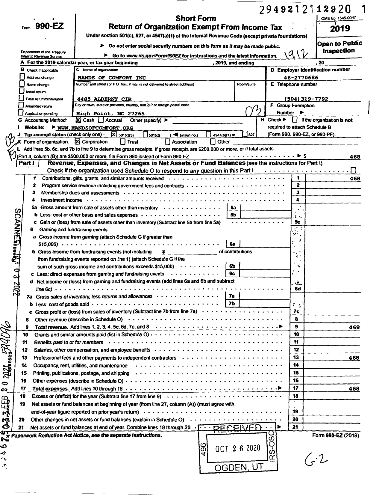 Image of first page of 2019 Form 990EZ for Hands of Comfort