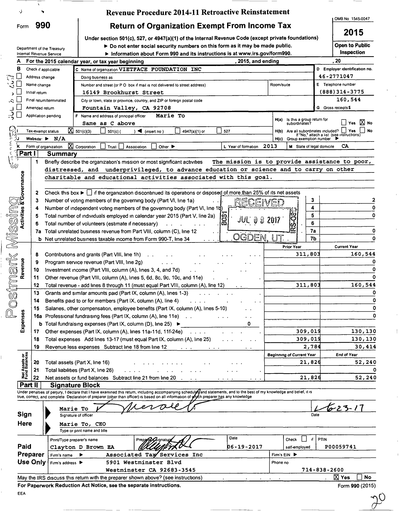 Image of first page of 2015 Form 990 for Vietface Foundation