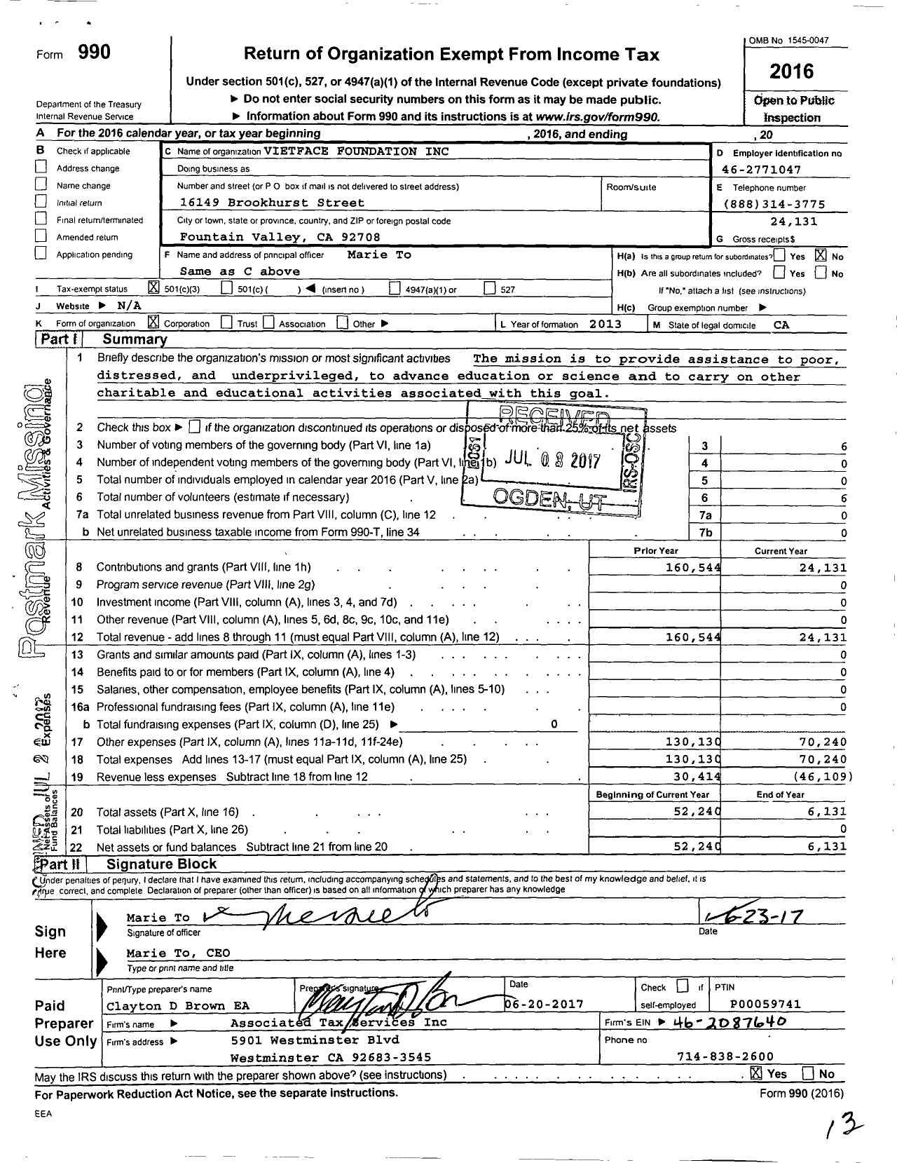 Image of first page of 2016 Form 990 for Vietface Foundation