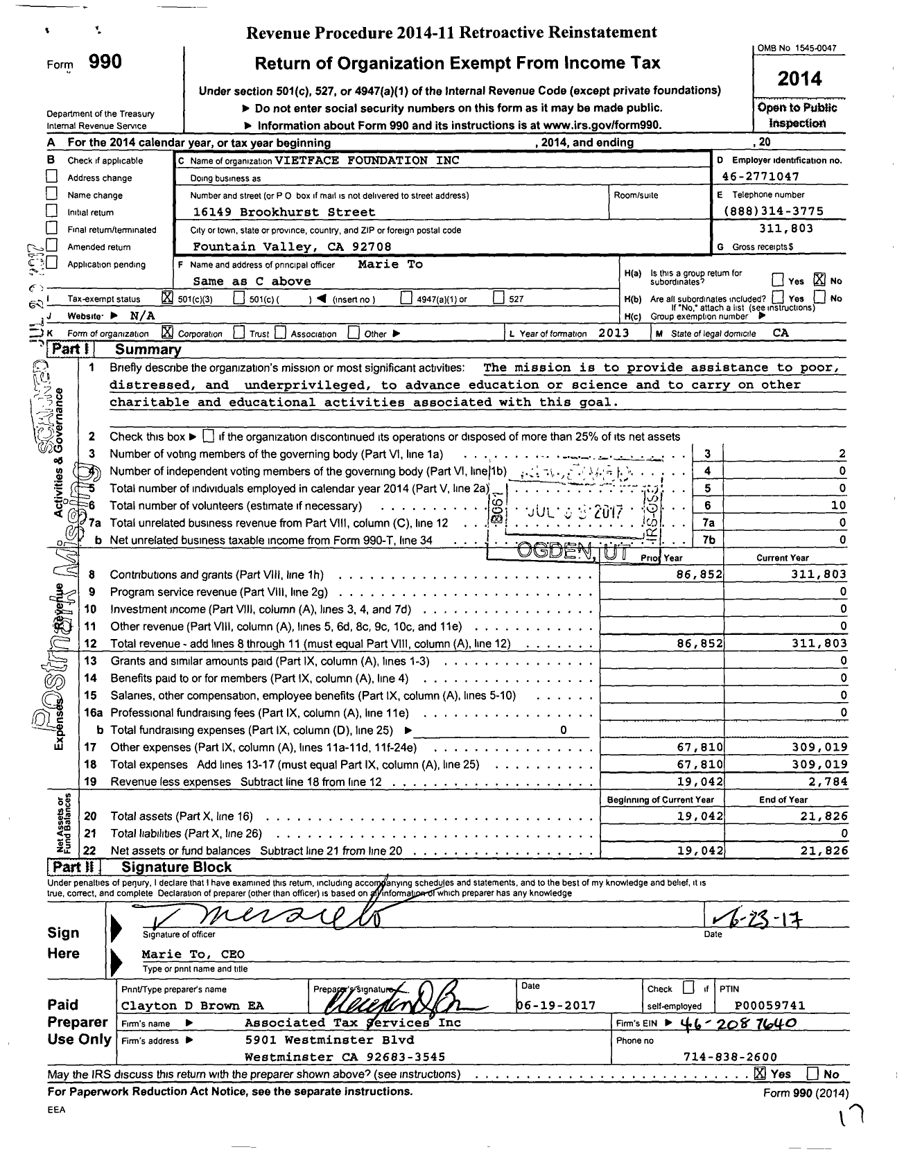 Image of first page of 2014 Form 990 for Vietface Foundation