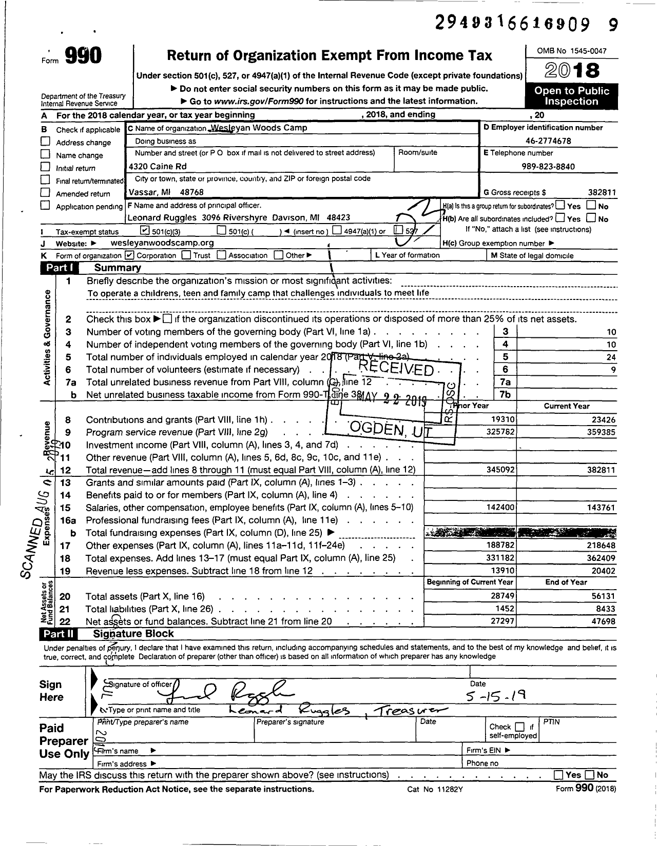 Image of first page of 2018 Form 990 for Wesleyan Woods