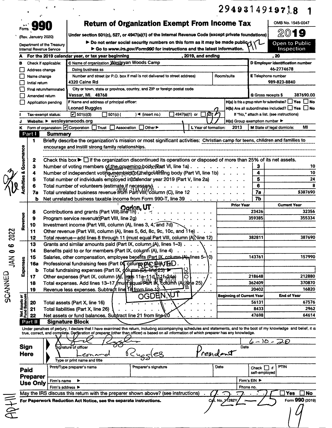 Image of first page of 2019 Form 990 for Wesleyan Woods