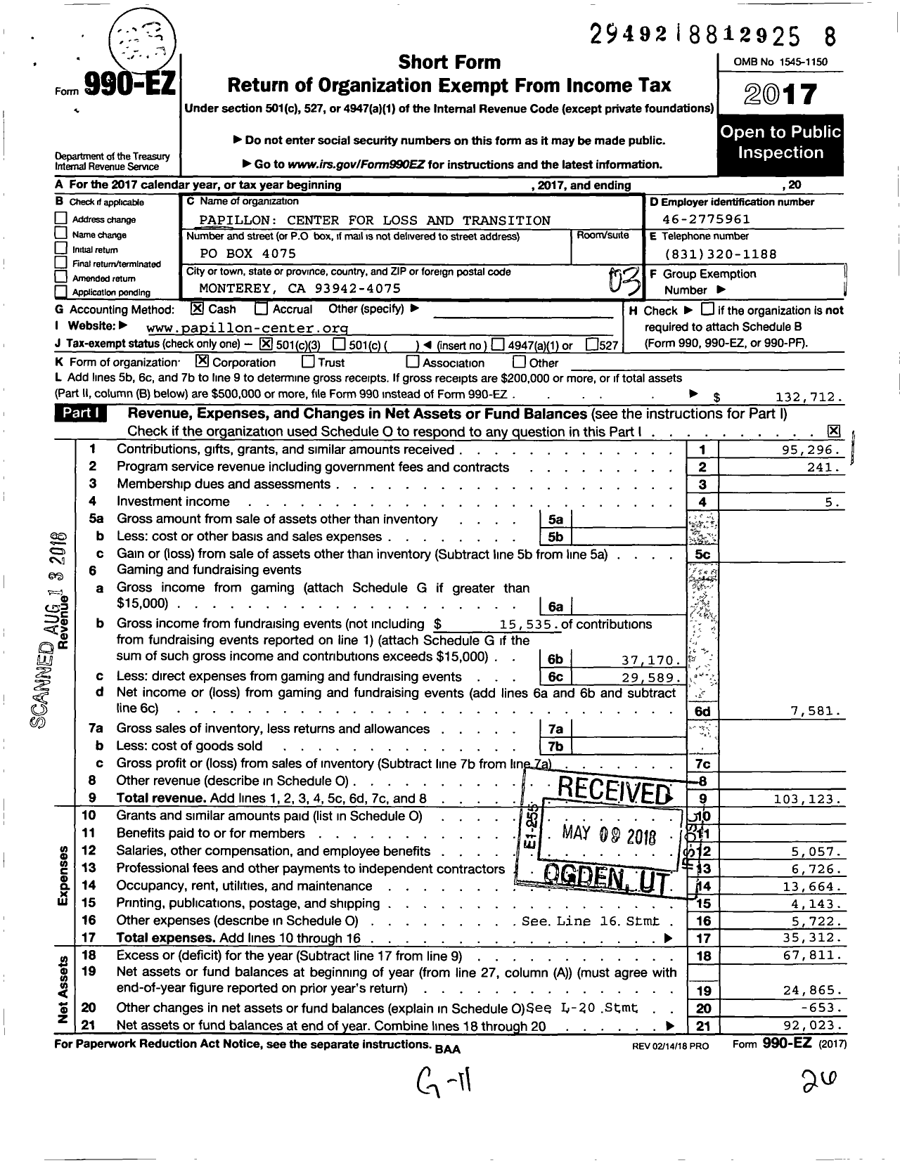 Image of first page of 2017 Form 990EZ for Papillon Center for Loss and Transition