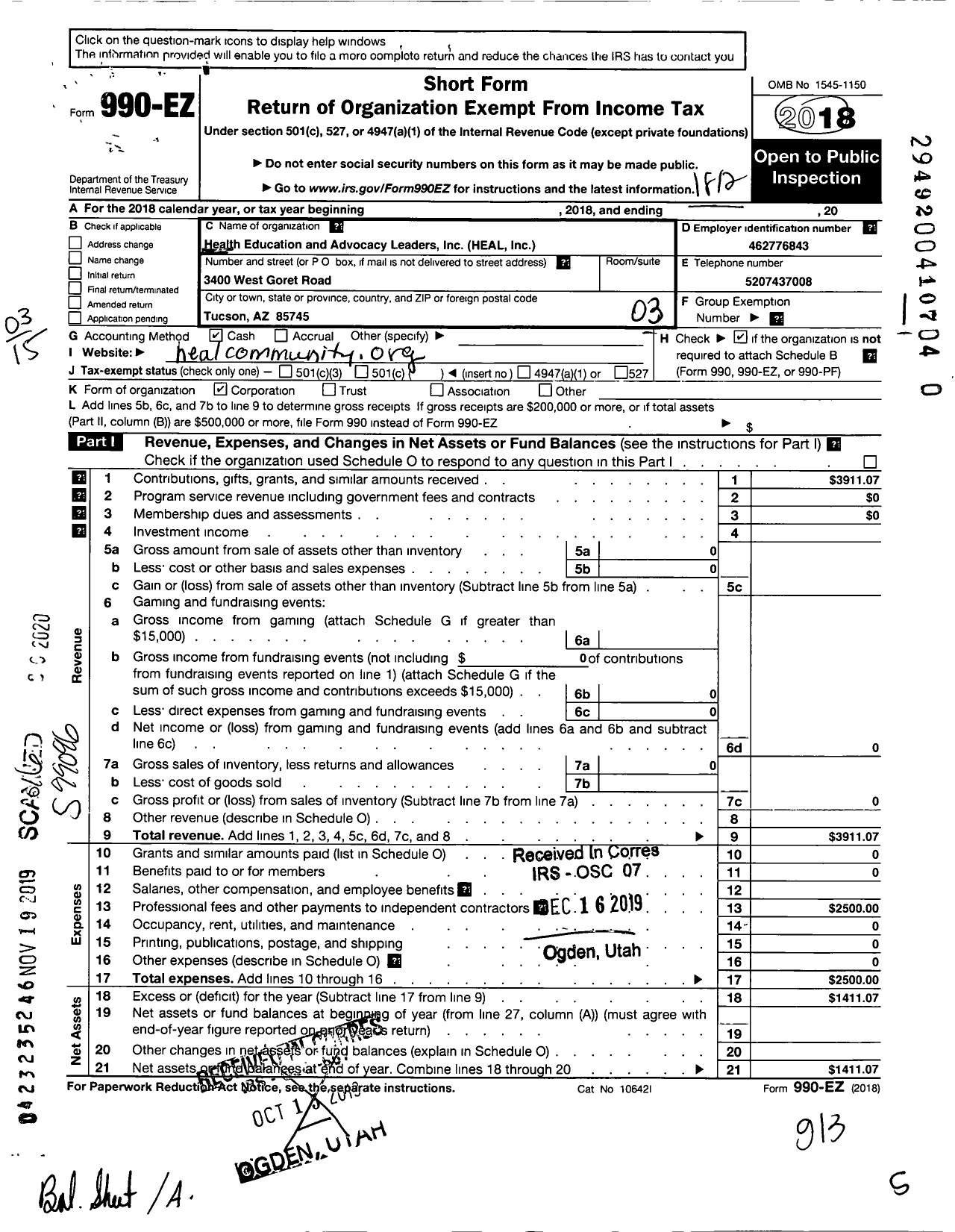 Image of first page of 2018 Form 990EZ for Health Education and Advocacy Leaders