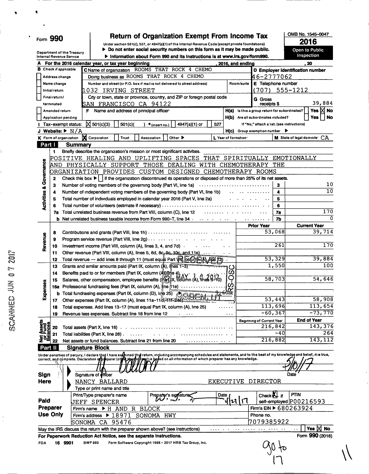 Image of first page of 2016 Form 990 for Rooms That Rock 4 Chemo