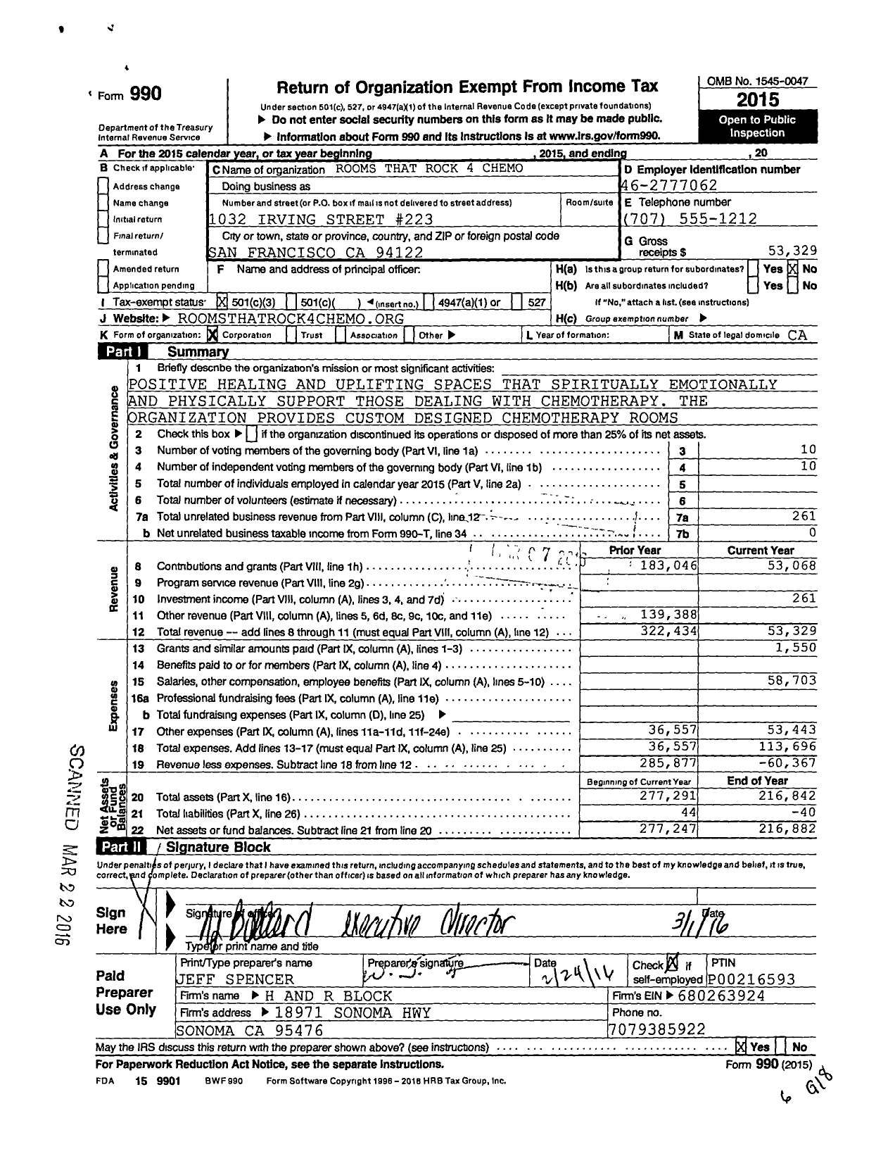 Image of first page of 2015 Form 990 for Rooms That Rock 4 Chemo