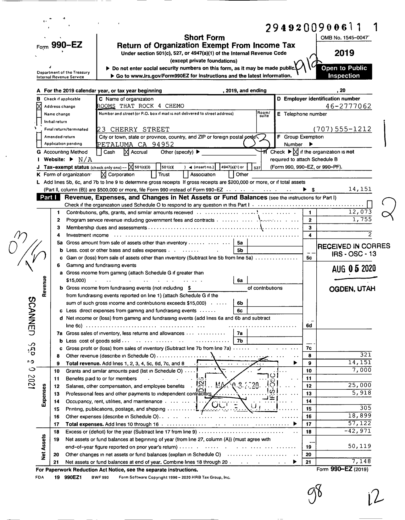 Image of first page of 2019 Form 990EZ for Rooms That Rock 4 Chemo