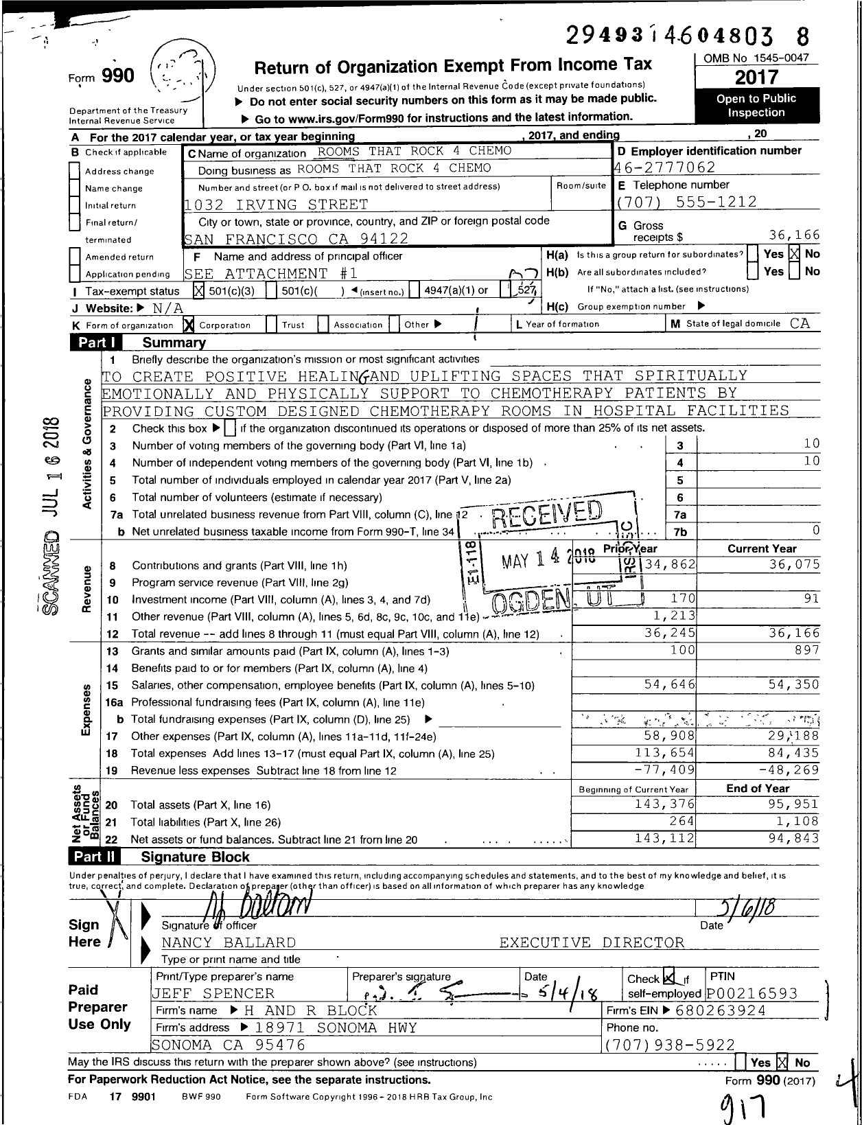 Image of first page of 2017 Form 990 for Rooms That Rock 4 Chemo