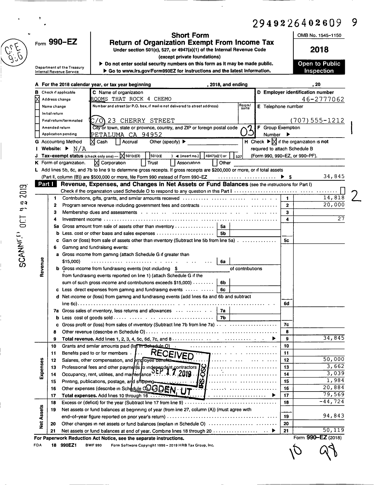 Image of first page of 2018 Form 990EZ for Rooms That Rock 4 Chemo