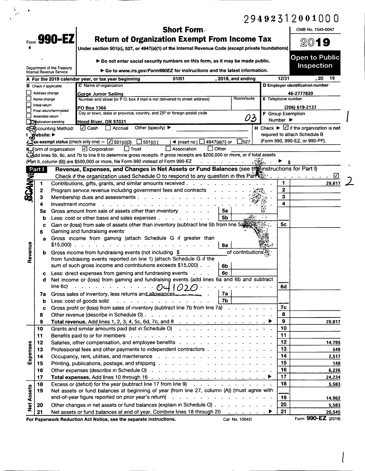 Image of first page of 2019 Form 990EZ for Gorge Junior Sailing LLC