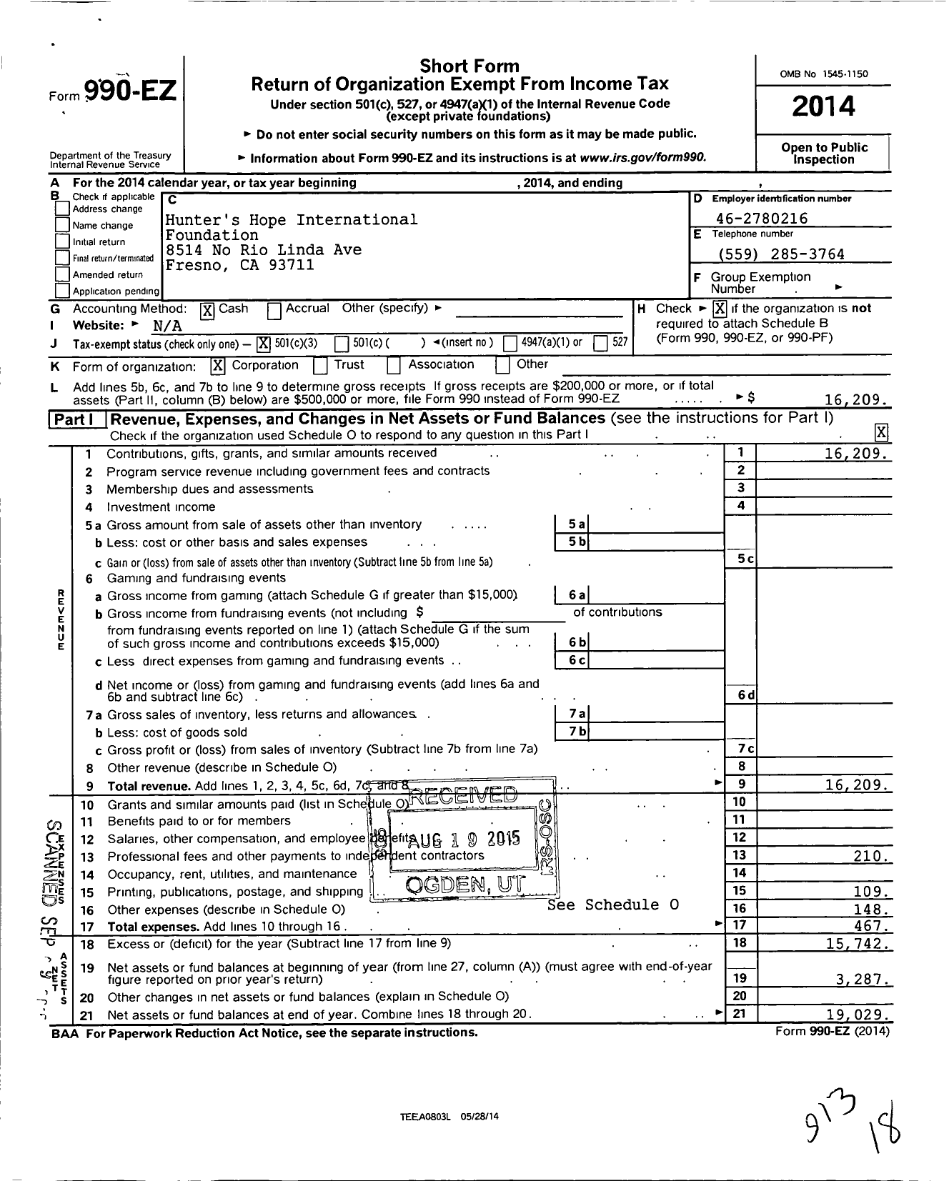 Image of first page of 2014 Form 990EZ for Hunter S Hope International Foundation