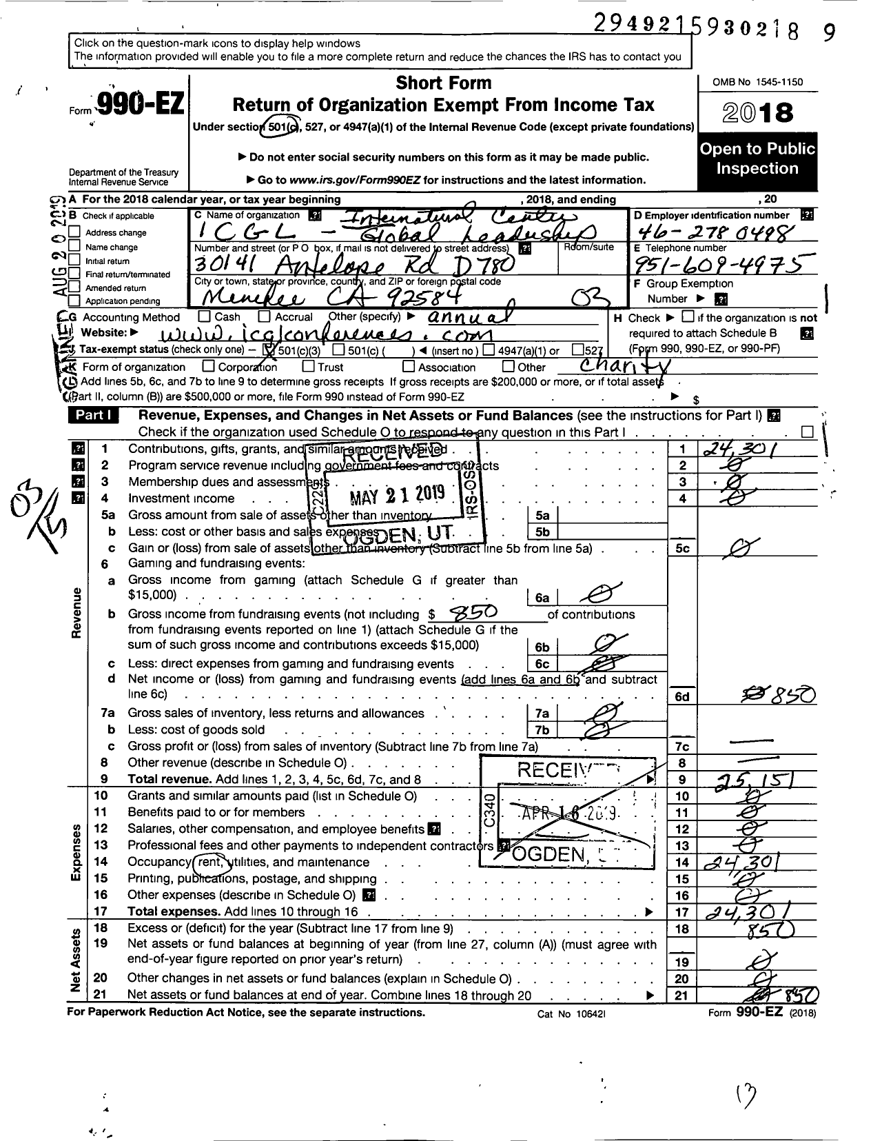 Image of first page of 2018 Form 990EZ for International Center for Global Leadership