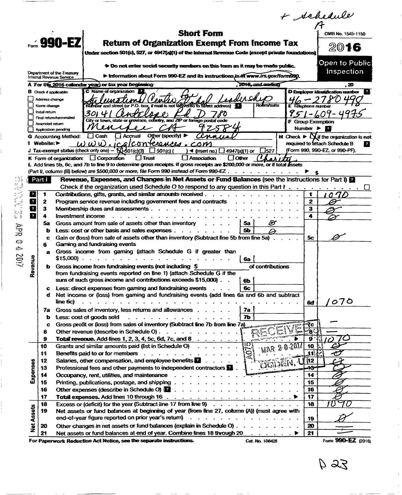 Image of first page of 2016 Form 990EZ for International Center for Global Leadership