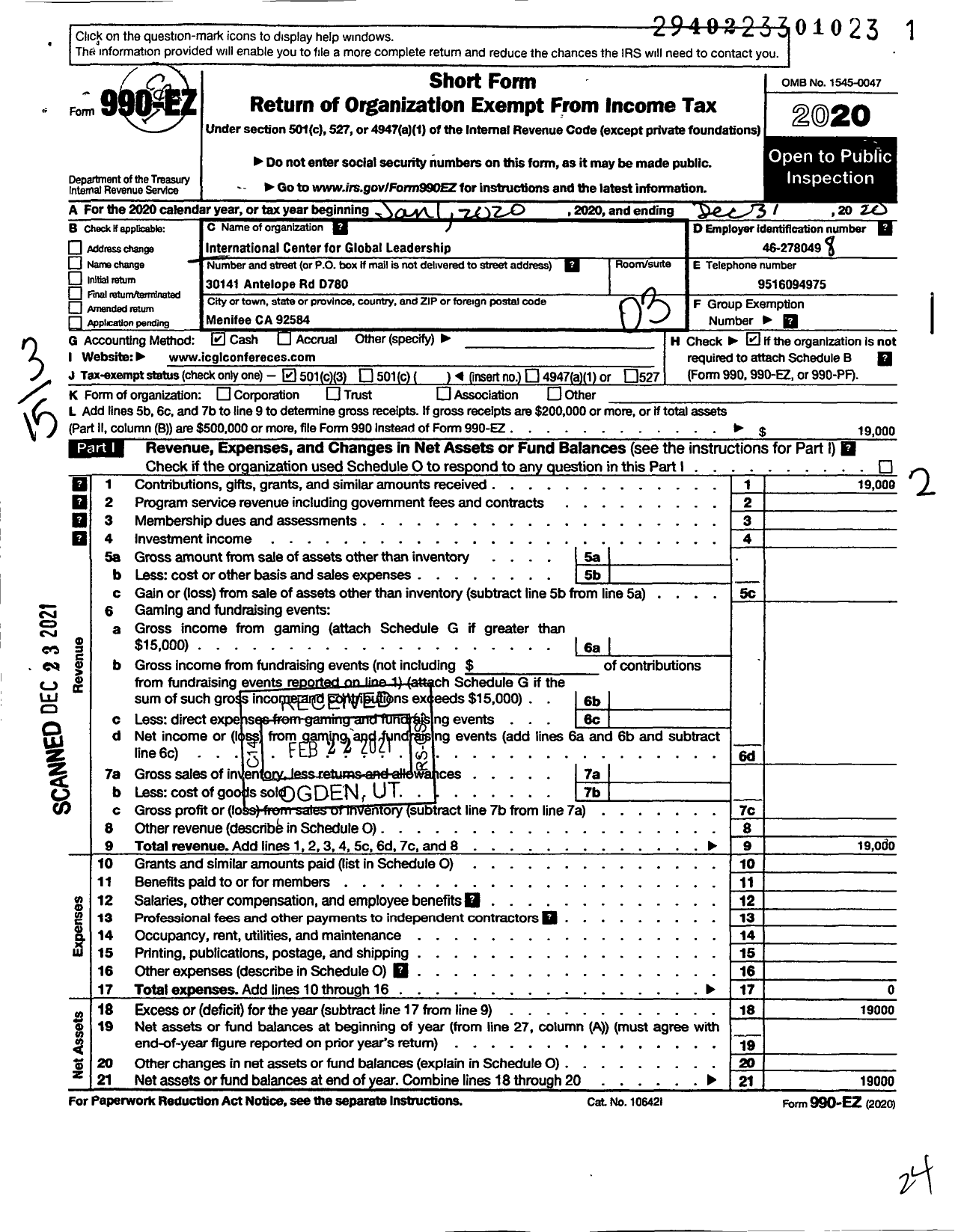 Image of first page of 2020 Form 990EZ for International Center for Global Leadership