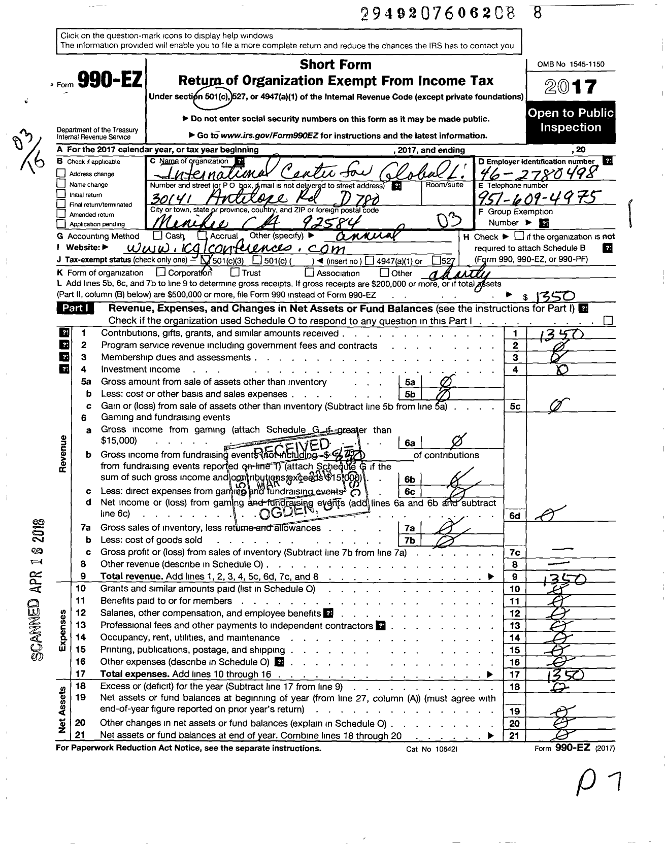 Image of first page of 2017 Form 990EZ for International Center for Global Leadership