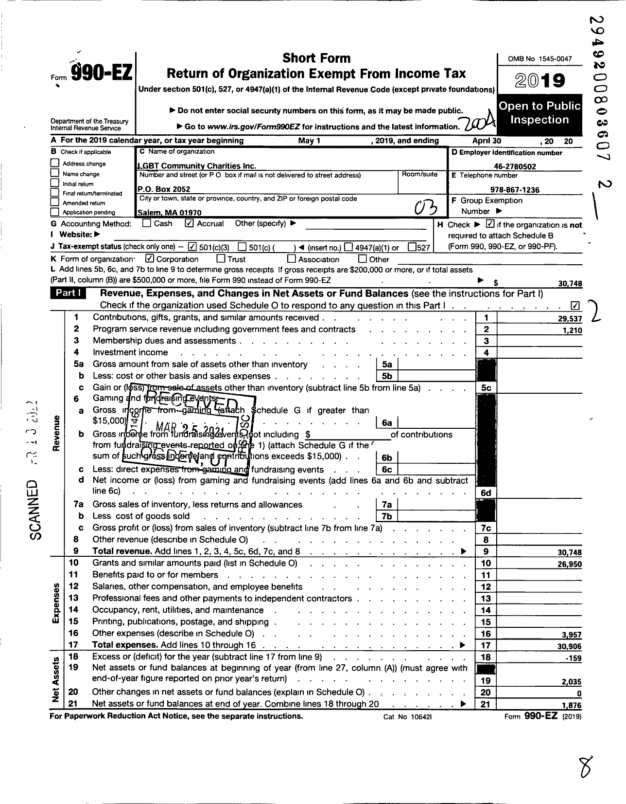 Image of first page of 2019 Form 990EZ for LGBT Community Charities