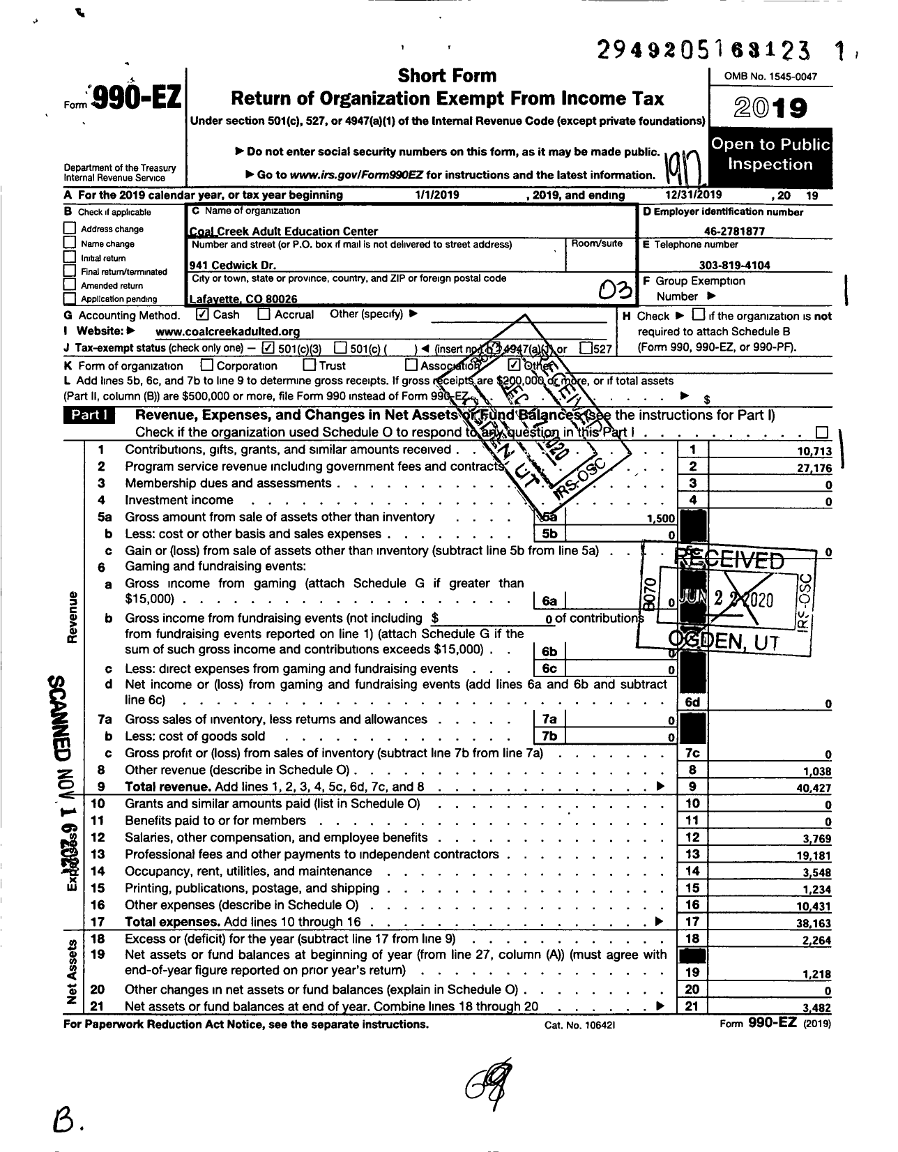 Image of first page of 2019 Form 990EZ for Coal Creek Adult Education Center