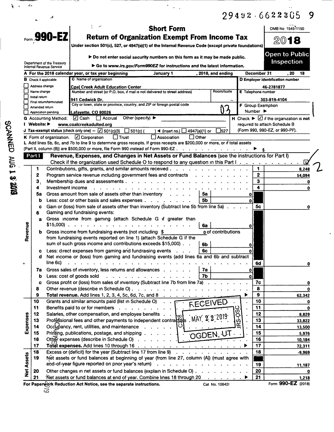 Image of first page of 2018 Form 990EZ for Coal Creek Adult Education Center