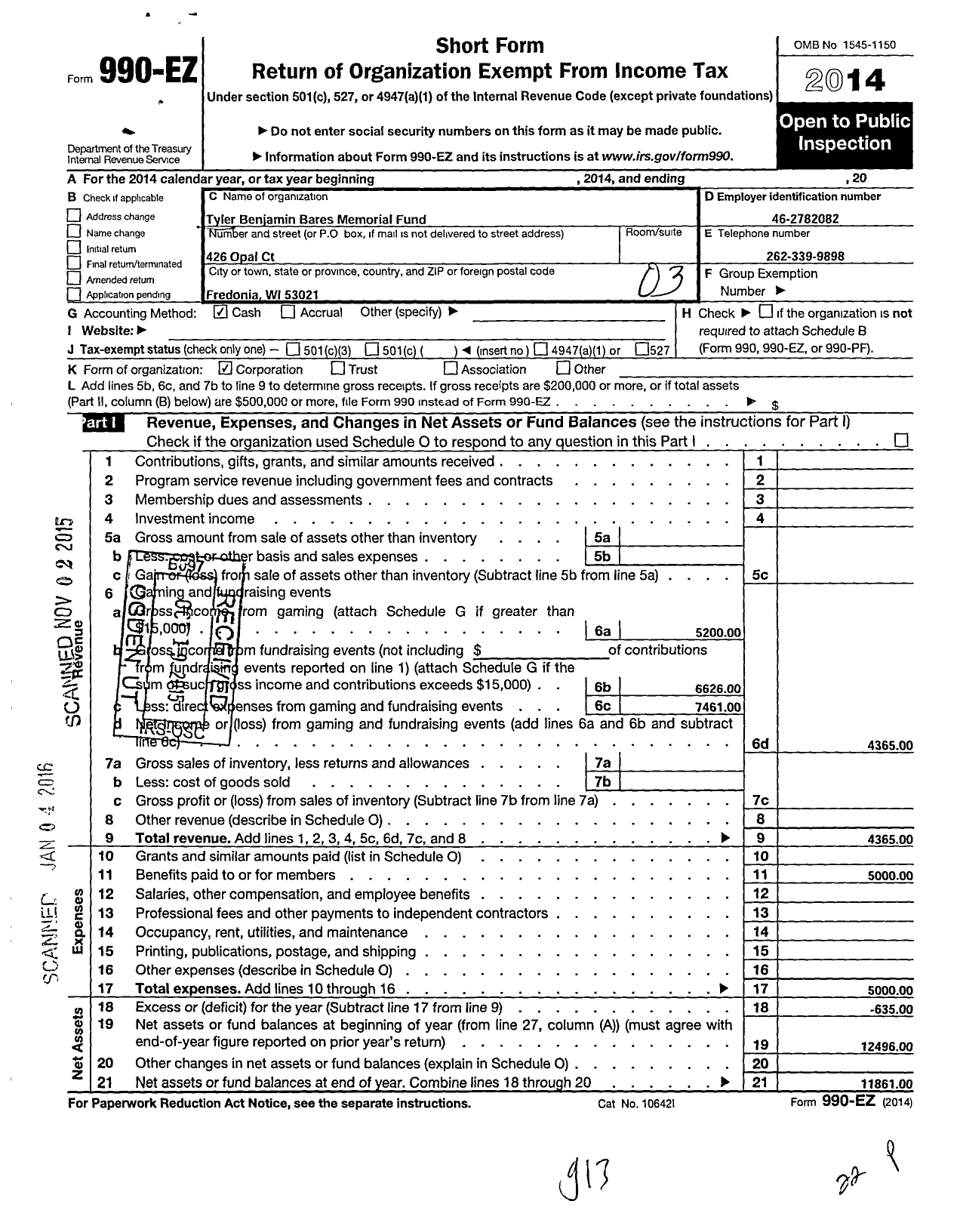 Image of first page of 2014 Form 990EO for Tyler Benjamin Bares Memorial Fund