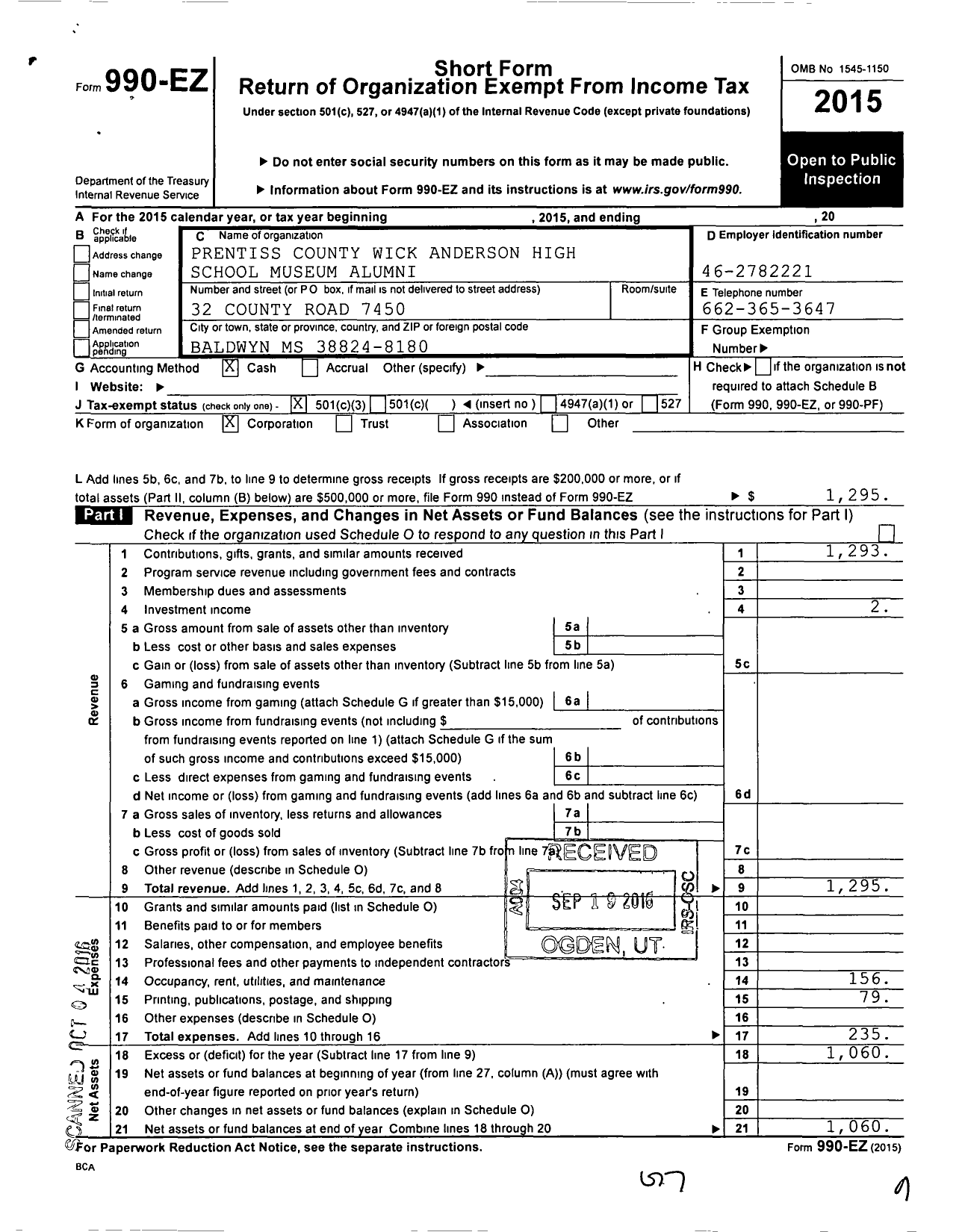 Image of first page of 2015 Form 990EZ for Prentiss County-Wick Anderson High School Museum Alumi