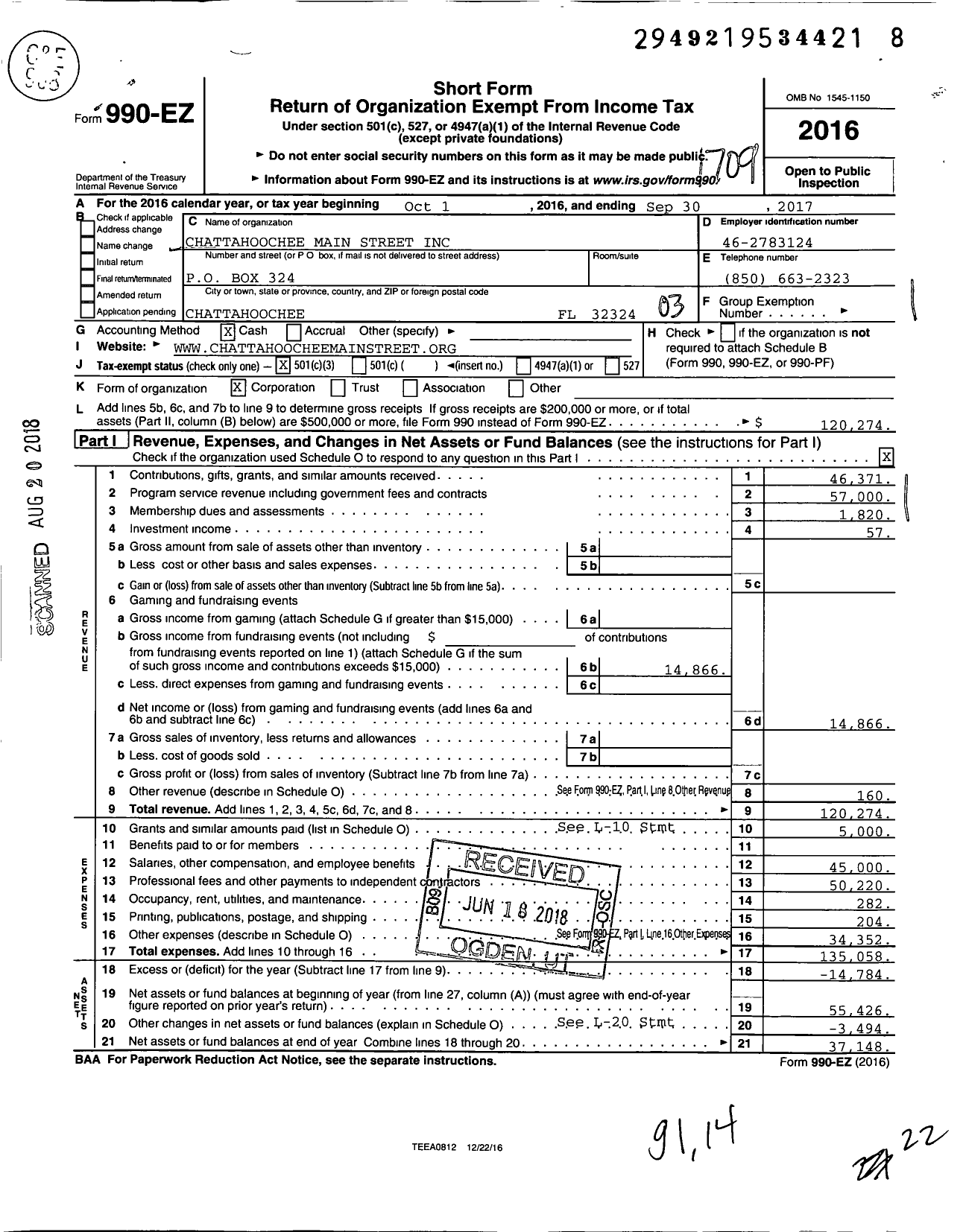 Image of first page of 2016 Form 990EZ for Chattahoochee Main Street