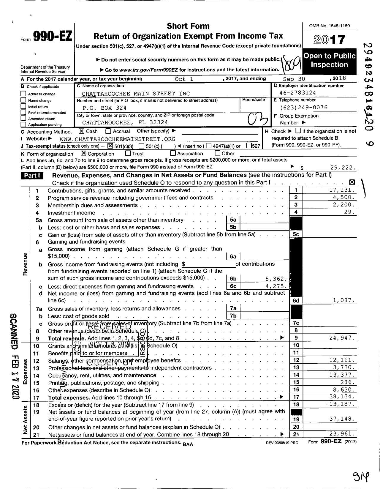 Image of first page of 2017 Form 990EZ for Chattahoochee Main Street