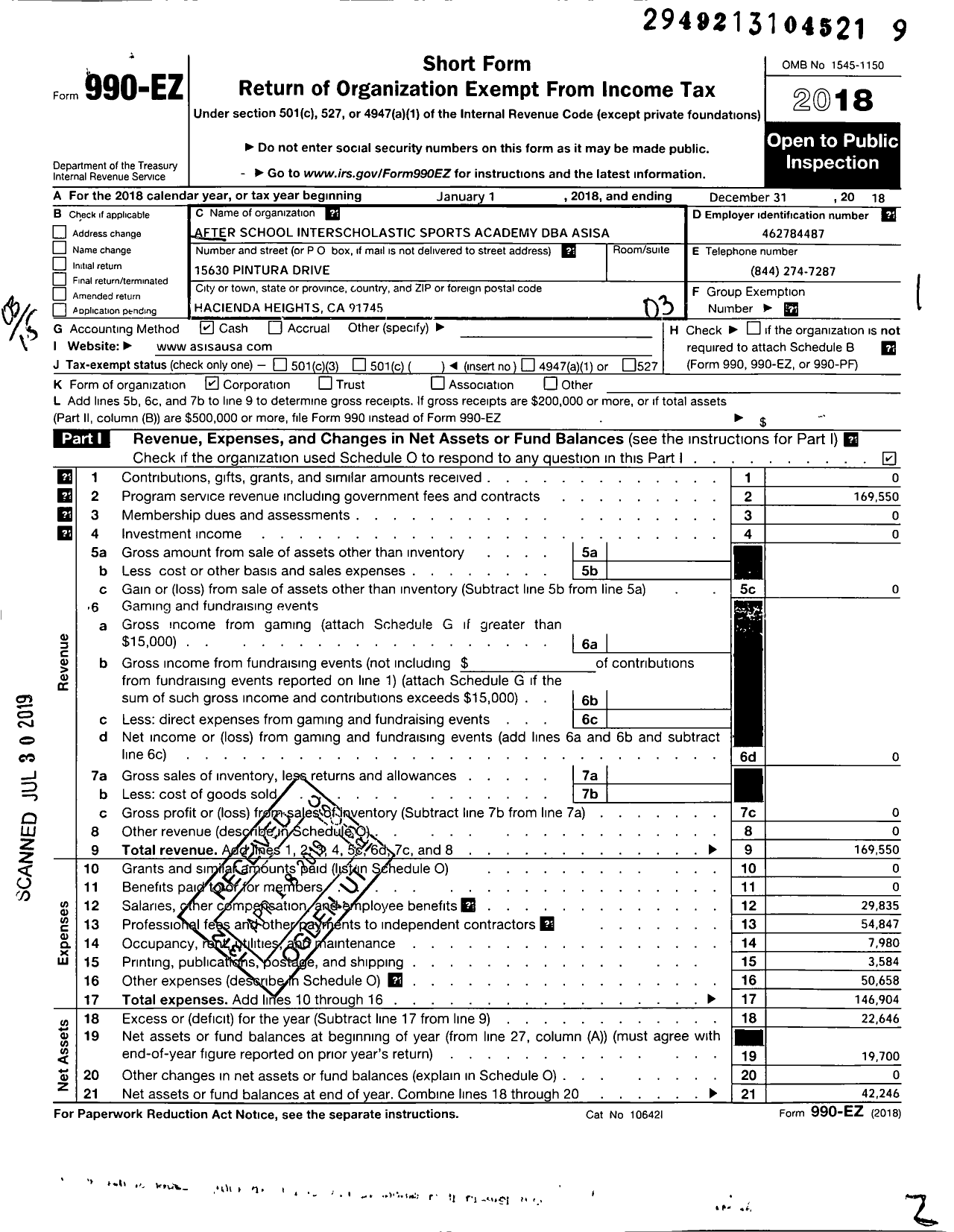 Image of first page of 2018 Form 990EZ for After School Interscholastic Sports Academy (ASISA)