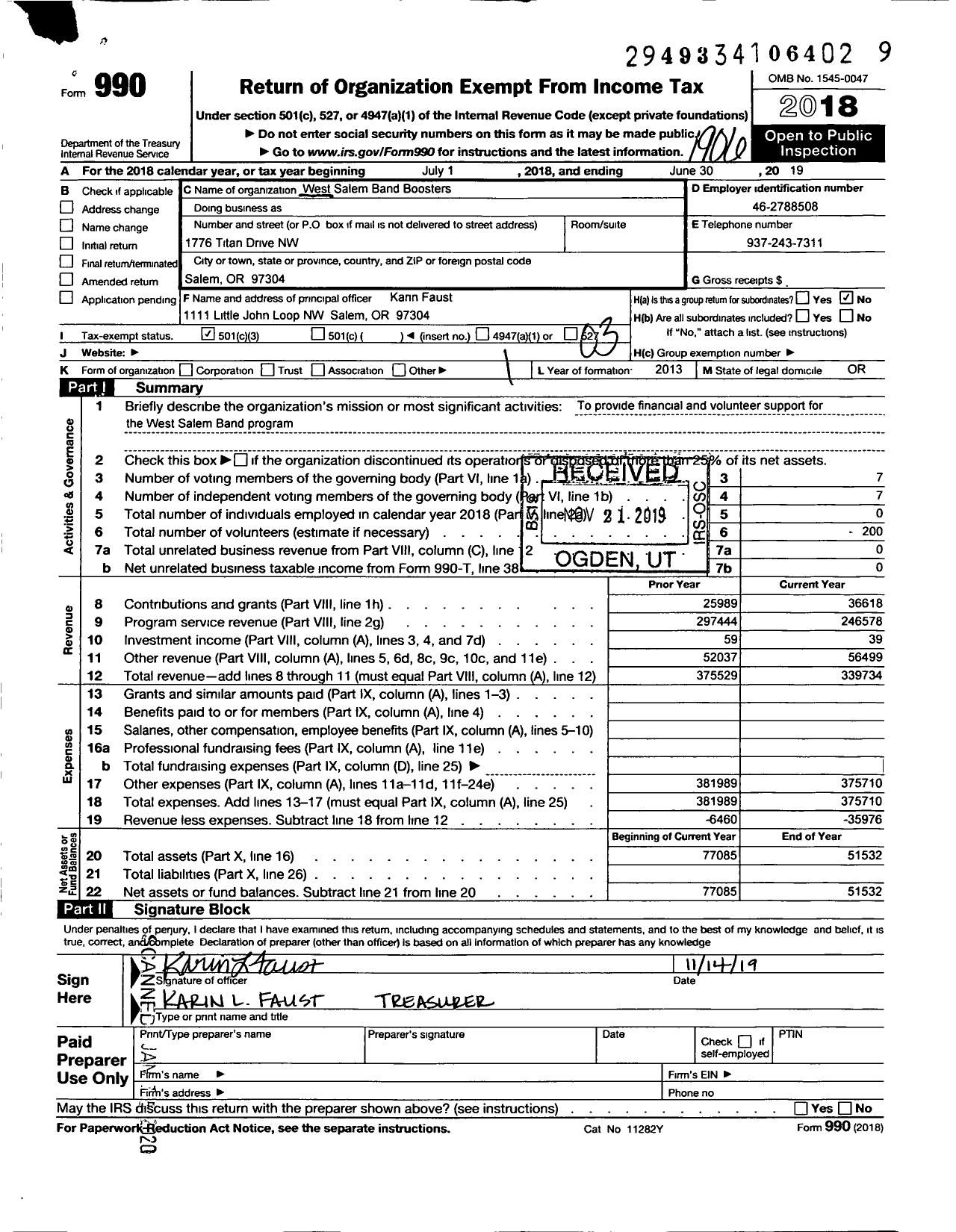 Image of first page of 2018 Form 990 for West Salem Band Boosters