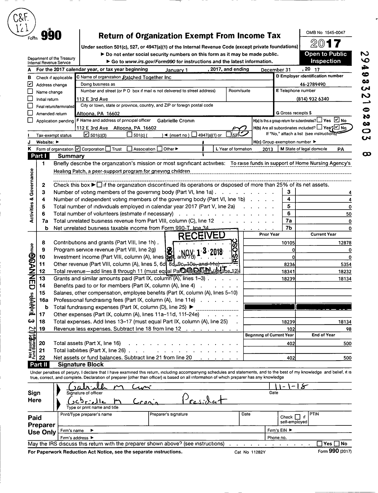 Image of first page of 2017 Form 990 for Patched Together