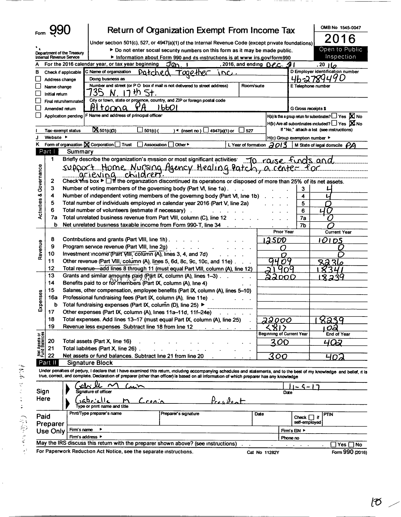 Image of first page of 2016 Form 990 for Patched Together