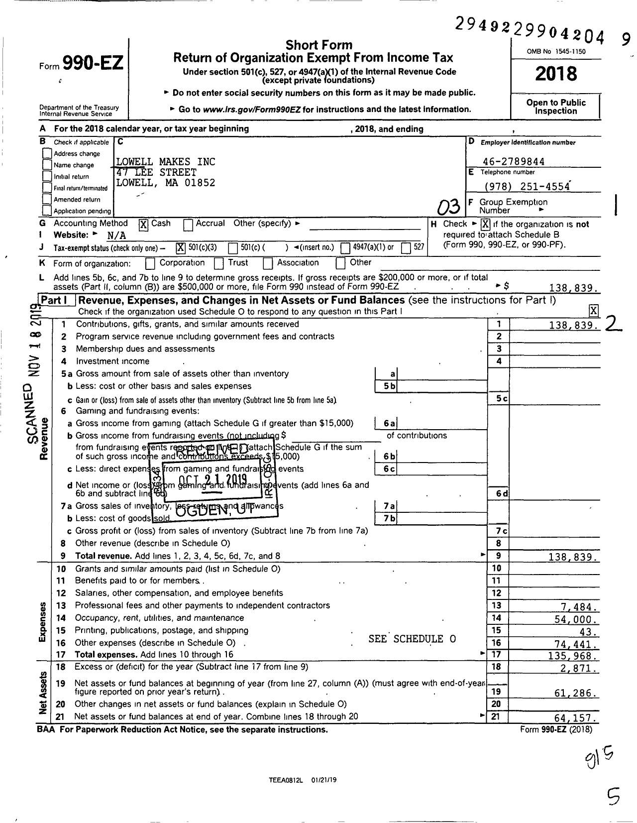 Image of first page of 2018 Form 990EZ for Lowell Makes