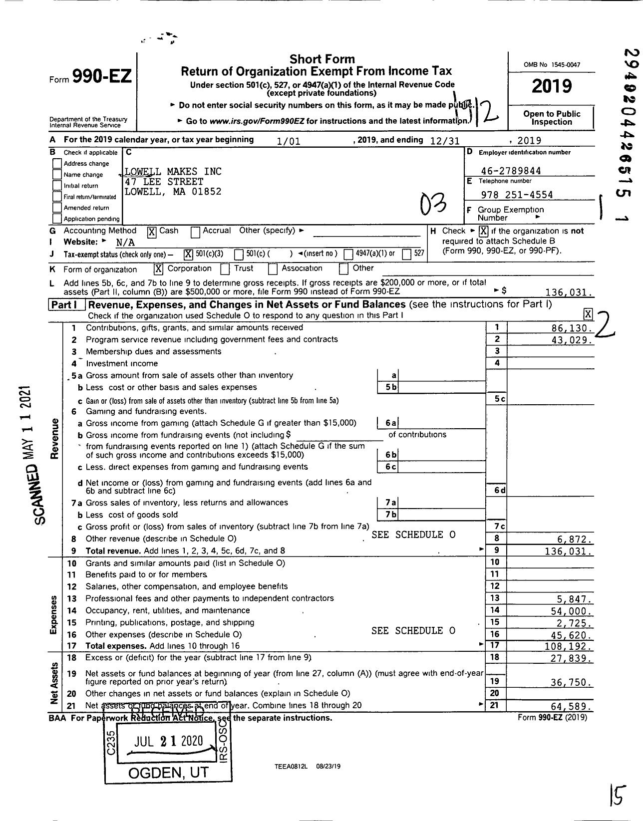 Image of first page of 2019 Form 990EZ for Lowell Makes