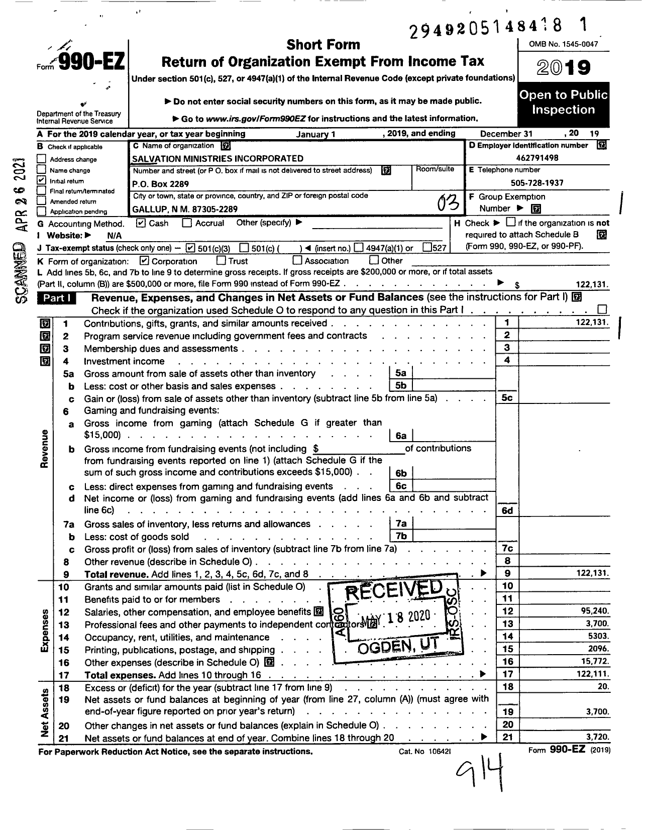 Image of first page of 2019 Form 990EZ for Salvation Ministries Incorporated