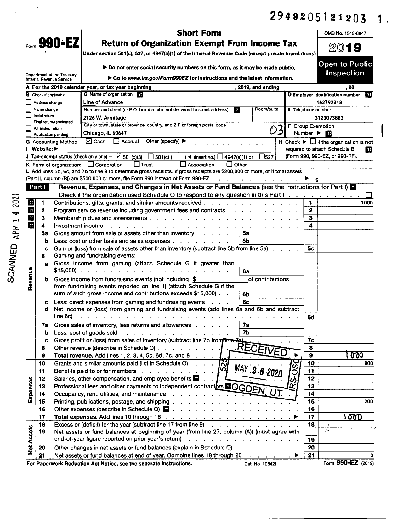 Image of first page of 2019 Form 990EZ for Line of Advance