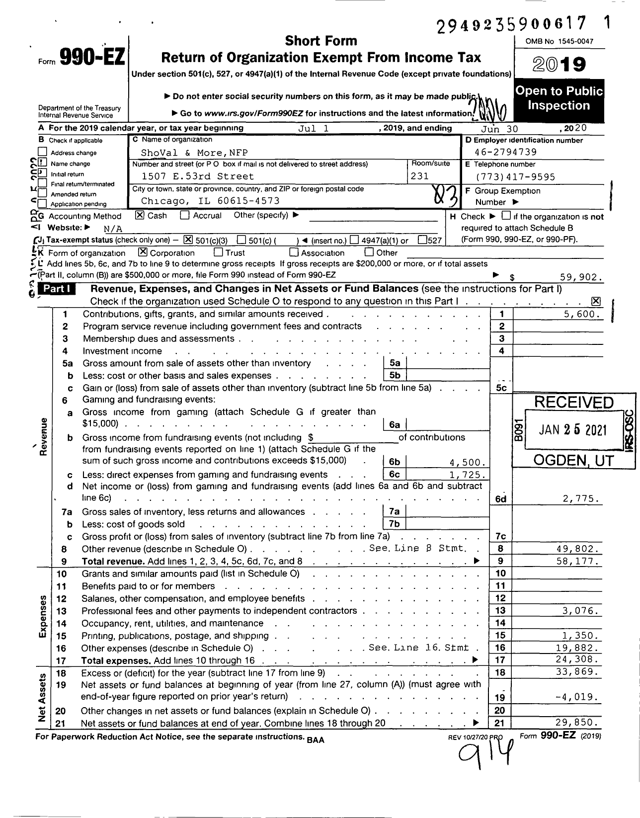 Image of first page of 2019 Form 990EZ for ShoVal & MoreNFP