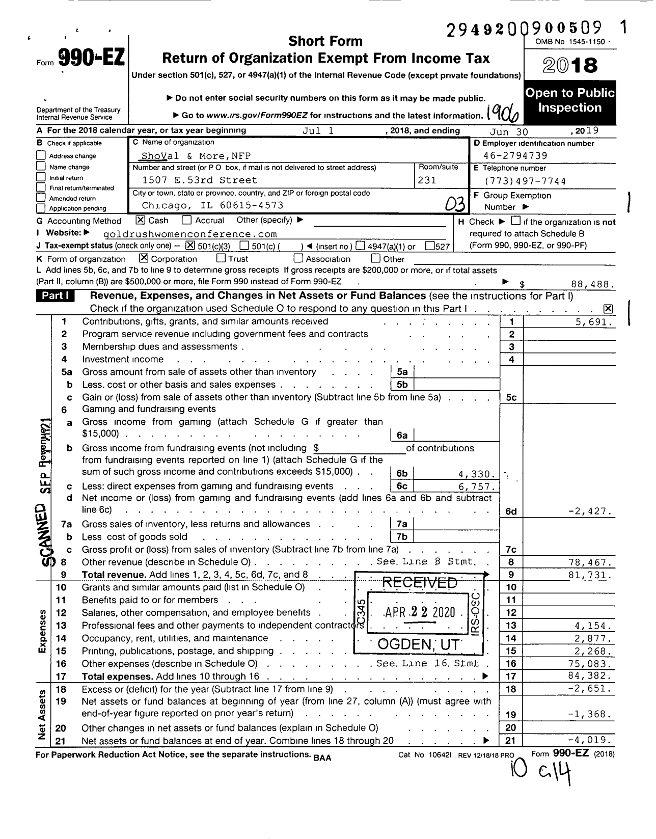 Image of first page of 2018 Form 990EZ for ShoVal & MoreNFP