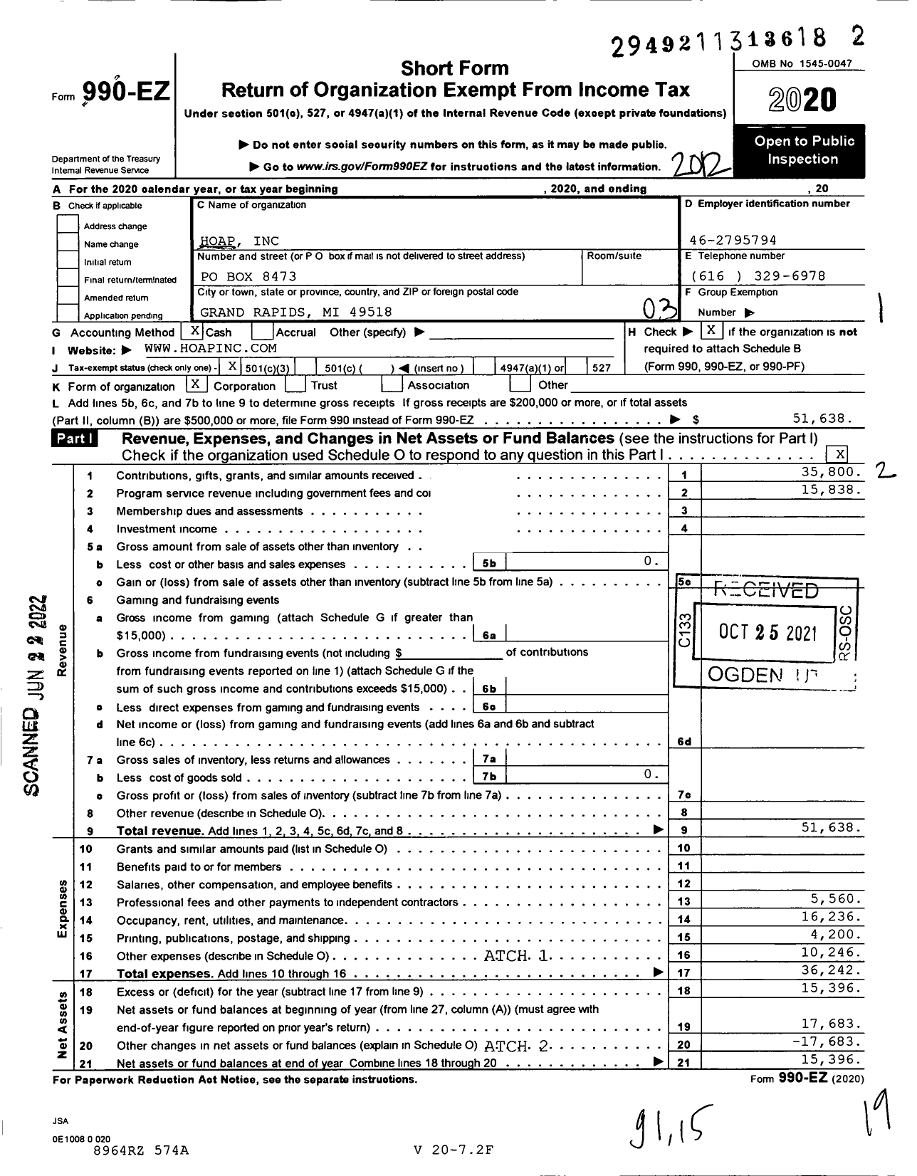 Image of first page of 2020 Form 990EZ for Hoap