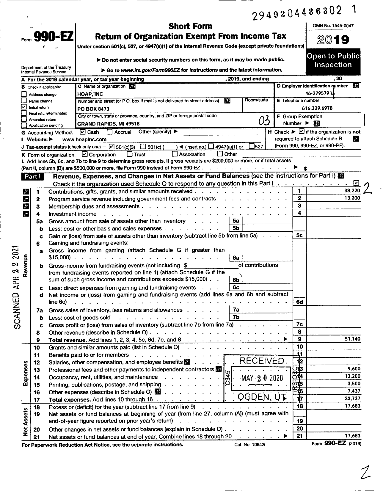 Image of first page of 2019 Form 990EZ for Hoap