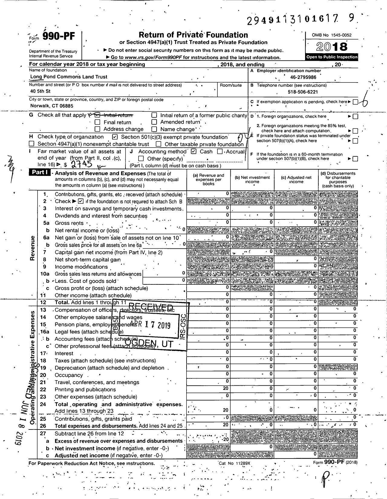 Image of first page of 2018 Form 990PF for Long Pond Common Land Trust