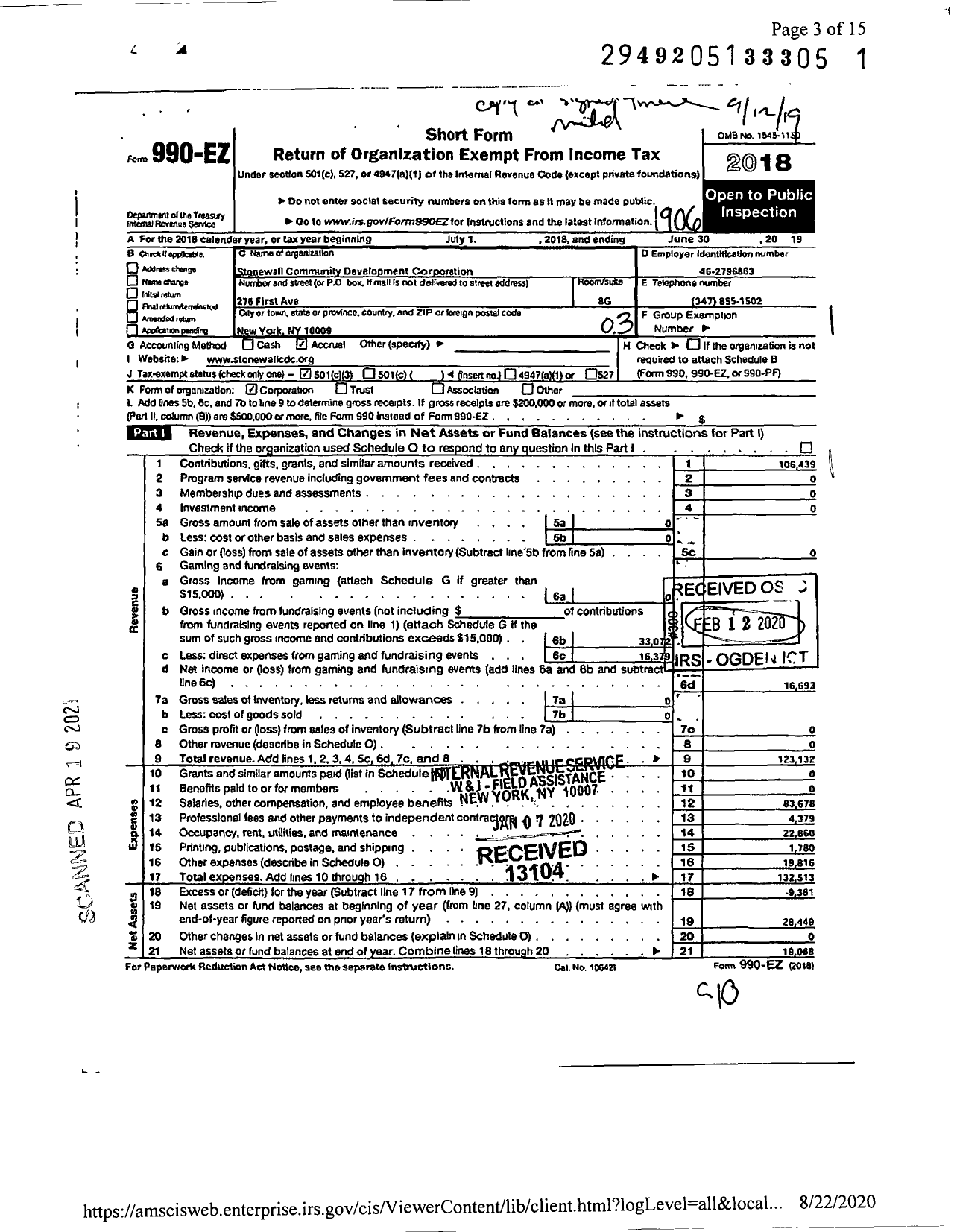 Image of first page of 2018 Form 990EZ for Stonewall Community Development Corporation