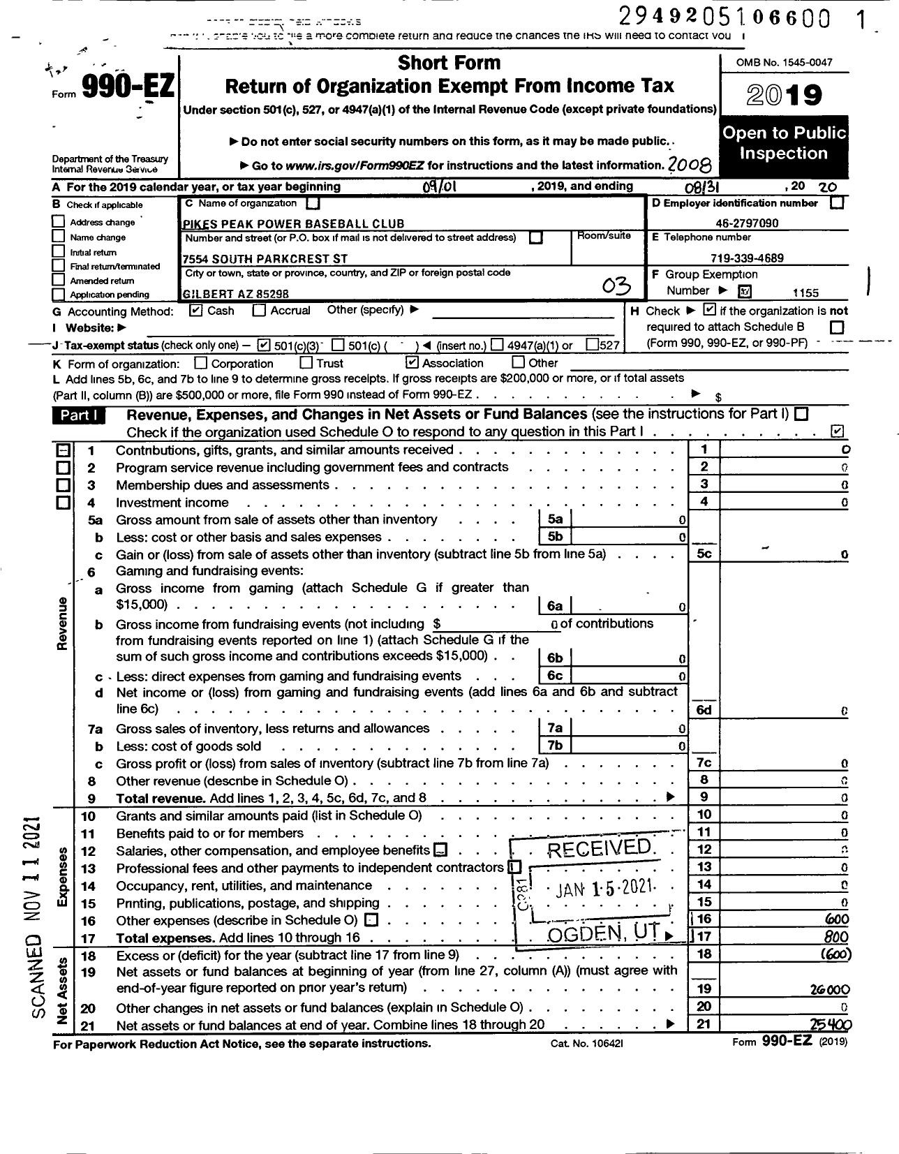 Image of first page of 2019 Form 990EZ for Amateur Athletic Union - Pikes Peak Power Baseball Club