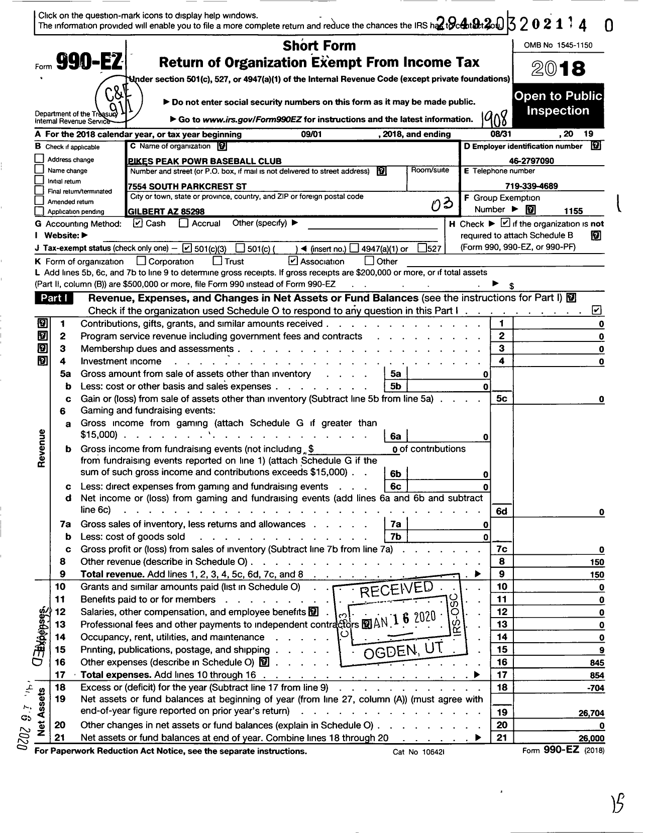 Image of first page of 2018 Form 990EZ for Amateur Athletic Union - Pikes Peak Power Baseball Club