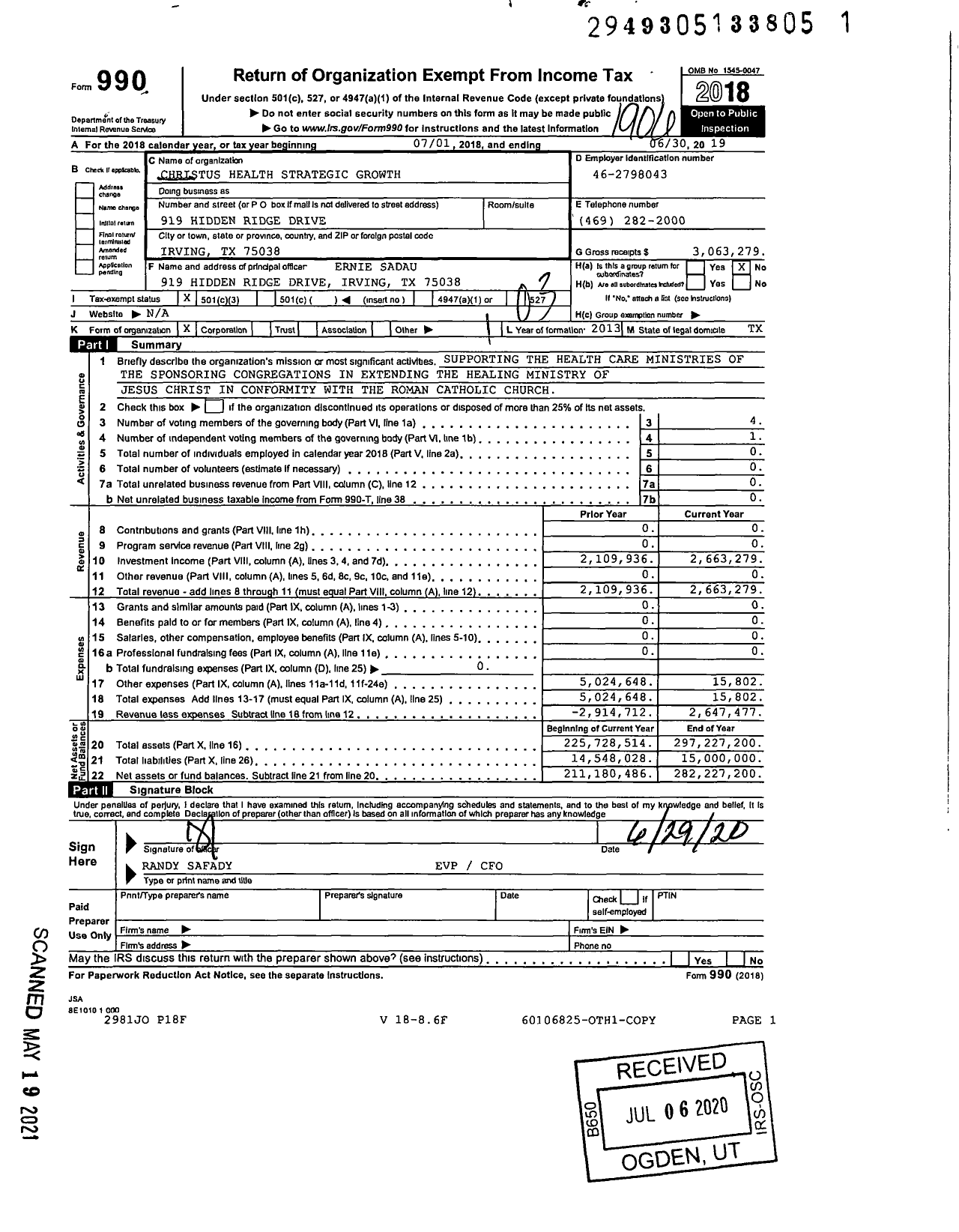 Image of first page of 2018 Form 990 for Christus Health Strategic Growth