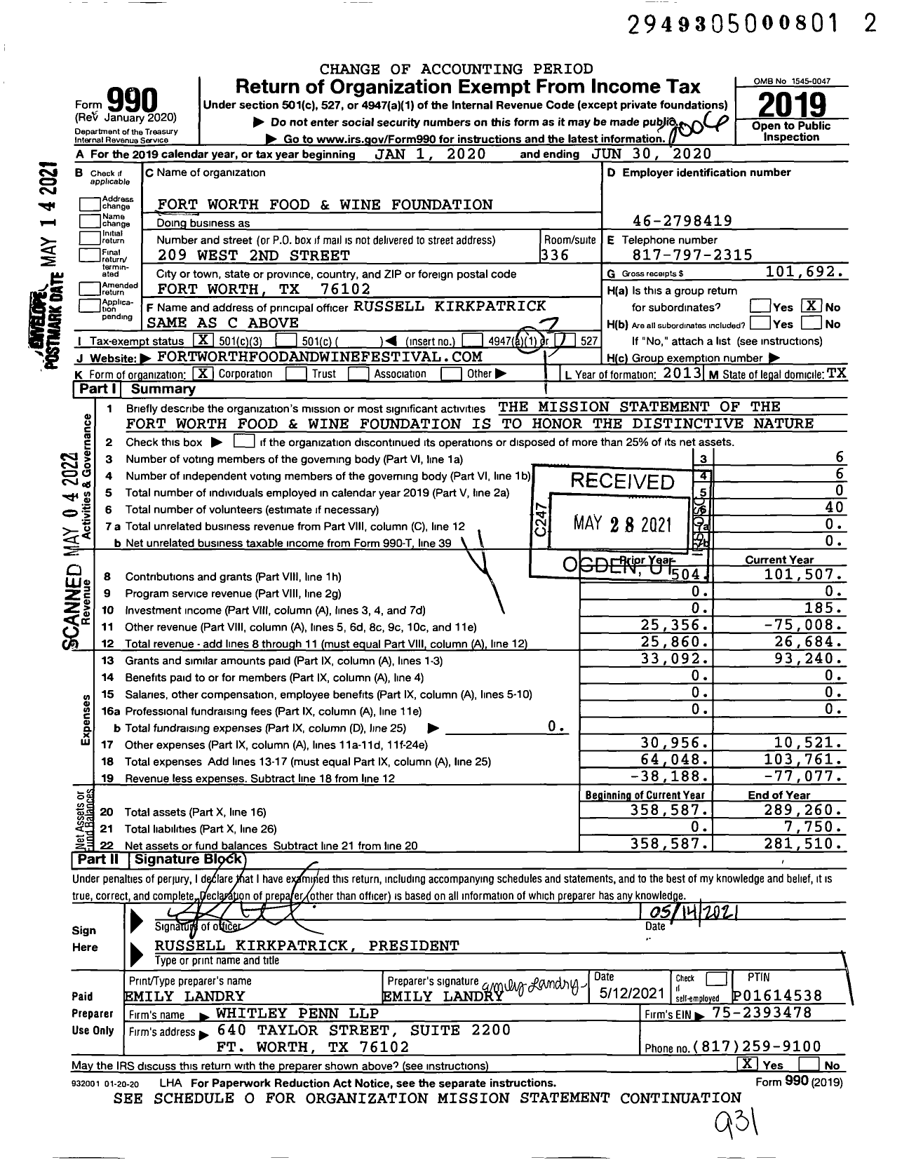 Image of first page of 2019 Form 990 for Fort Worth Food and Wine Foundation