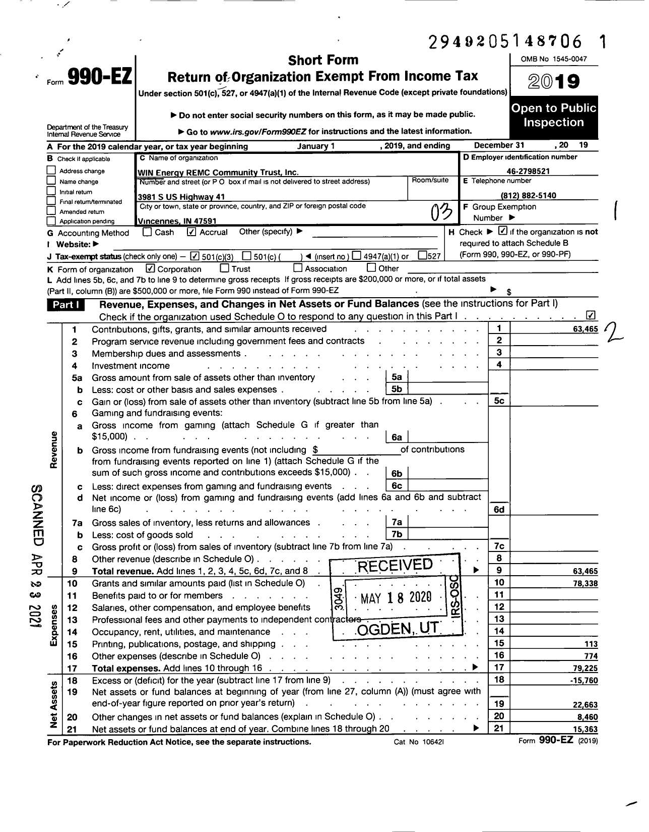 Image of first page of 2019 Form 990EZ for Win Energy Remc Community Trust