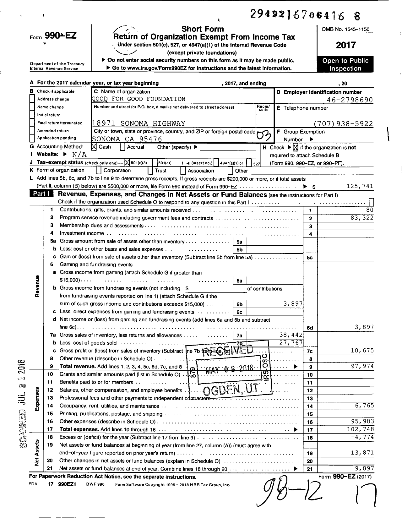 Image of first page of 2017 Form 990EZ for Good for Good Foundation